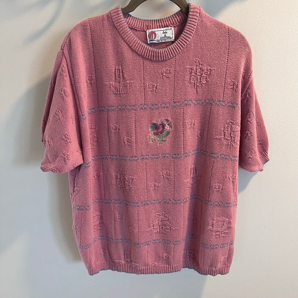 Vtg Isle Of Cotton Pink Short Sleeve Floral Embroidered Sweater Size XL